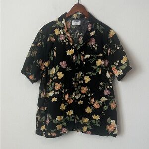 Old Navy Black Linen Blend Tropical Floral Short Sleeve Button Down Shirt